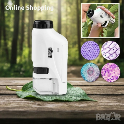 Детски преносим микроскоп с LED светлина, 60x-120x увеличение и стойка за смартфон