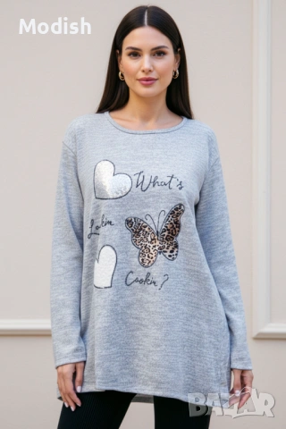 Макси дамска блуза с щампи на пеперуда и сърца 9648, снимка 3 - Блузи с дълъг ръкав и пуловери - 47701159
