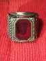 СТАРИНЕН БРОНЗОВ ОРНАМЕНТИРАН ПРЪСТЕН с ЧЕРВЕН КАТАЛИН МАЙСТОРСКА РЪЧНА ИЗРАБОТКА 16738, снимка 2