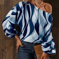 Дамска блуза с щампа и едно рамо с широк ръкав с балон, 7цвята - 023, снимка 5 - Блузи с дълъг ръкав и пуловери - 40171643