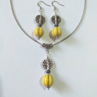 Слънчев комплект бижута с жълти Тюркоази и орнаменти в цвят Сребро стил Антик, снимка 10 - Бижутерийни комплекти - 41124052