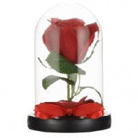 Изкуствена роза под стъклен похлупак, Дървена основа,Червена, 17x11 см, снимка 1 - Подаръци за жени - 35761290