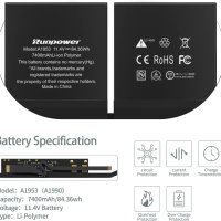 A1990 A1953 батерия за лаптоп Runpower за MacBook Pro 15, снимка 2 - Батерии за лаптопи - 42132447