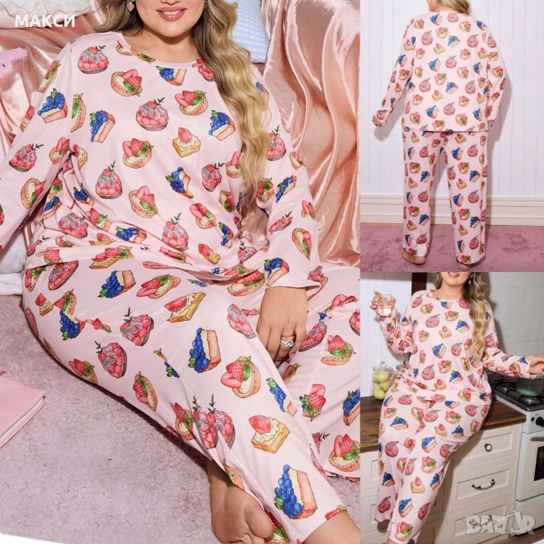 Макси разкошен силно еластичен комплект/пижама/ в розово със сладурски щампи - блуза с дълъг ръкав+ , снимка 1