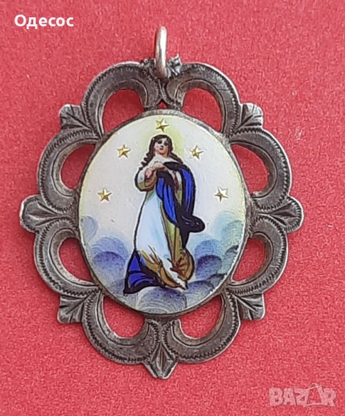 Старинен  медальон емайл  и сребро с Дева Мария 30 те г., снимка 1