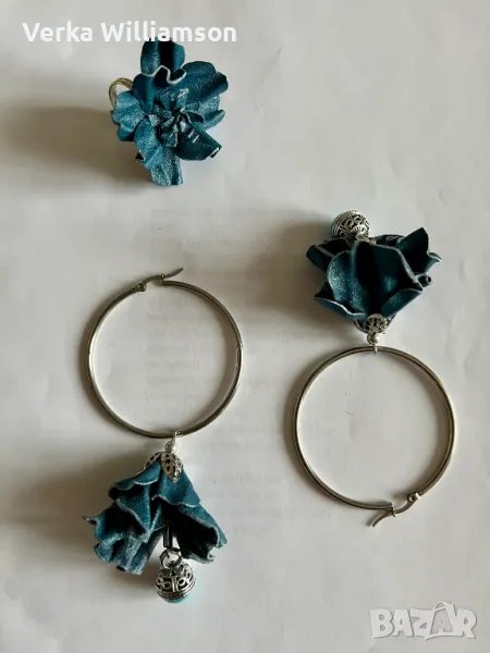  Син (деним) комплект обици-халки и пръстен от естествена кожа модел 65, снимка 1