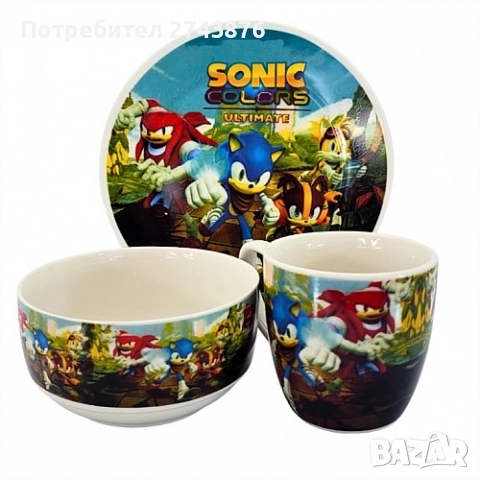 Детски порцеланов комплект за хранене 3в1 Соник