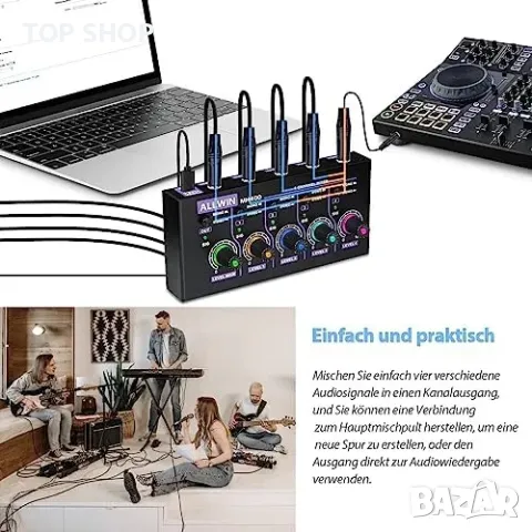 ALLWIN DC5V 4-канален мини аудио миксер 4 в 1 изход Моно и стерео поддръжка за субмиксер, снимка 2 - Слушалки и портативни колонки - 48764531
