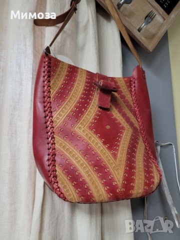 Естествена кожа- винтидж модел , Hand made  чанта в червено и жълто