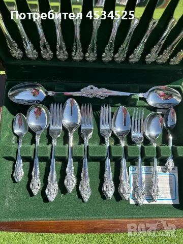 Oneida Community Stainless Steel – орнаментиран сервиз, 44 части с дървена кутия, снимка 2 - Прибори за хранене, готвене и сервиране - 56129401