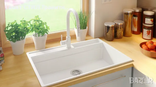 Бяла кухненска мивка от гранит Осло 80 Премиум 780 x 530 мм, снимка 2 - Мивки - 47714223