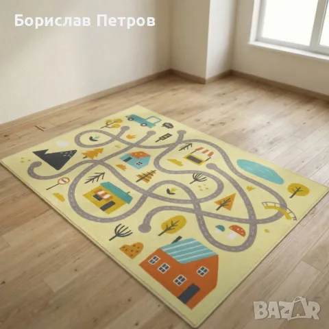 Детски килим за игра 120х160см - Светложълт килим с цветни къщички, противоплъзгащ и миещ се, снимка 2 - Мебели за детската стая - 55973492