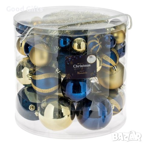 55 броя Комплект коледни топки + гирлянд, Златни и Сини в 4 размера, снимка 1 - Други стоки за дома - 42672118