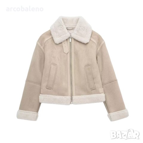 Дамско кожено двустранно яке с цип с цветен блок и топло свободно палто с ревер, снимка 5 - Якета - 44308433