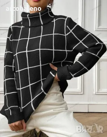 Дамски контрастен кариран пуловер с висока яка, 4цвята , снимка 12 - Блузи с дълъг ръкав и пуловери - 47979369