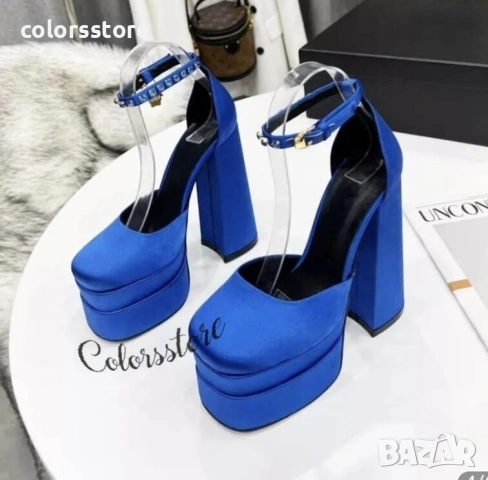 Сандали на ток - син сатен - VS1