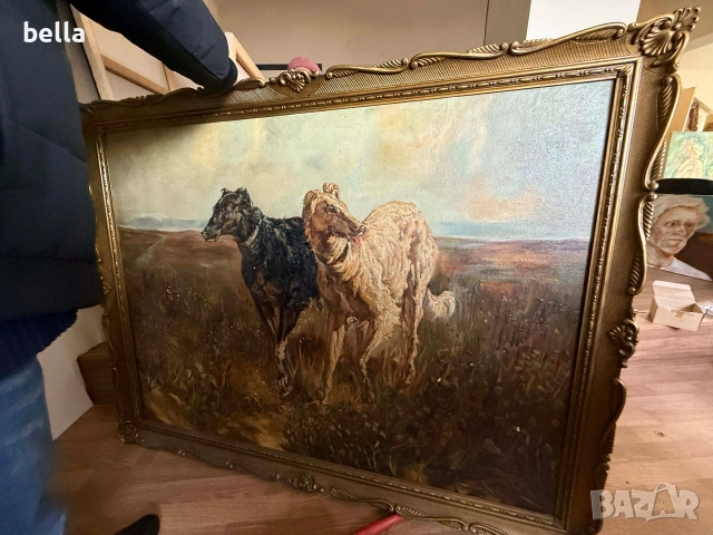 Старинно маслено платно "Руски борзои" – Музеен размер (140х110 см), снимка 7 - Антикварни и старинни предмети - 53863532