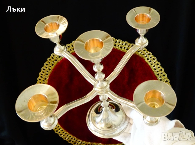 Посребрен свещник петица,чиста мед,21 см. , снимка 3 - Антикварни и старинни предмети - 52067330