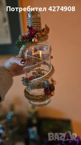 Подаръчни коледни светещи бутилки и свещници. Ръчна изработка, снимка 14 - Декорация за дома - 48248399