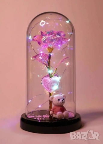 Романтична стъкленица с роза, мече и LED светлини, снимка 2 - Подаръци за жени - 53088326