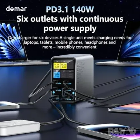 Настолна GaN зарядна станция с 6 порта и LCD дисплей, USB-C до 140 W, снимка 4 - Оригинални зарядни - 56216840