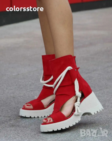 Летни боти на платформа - червен велур - LB44, снимка 2 - Дамски боти - 44649180