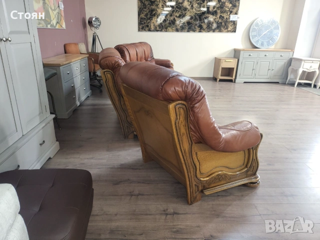 Кафяв комплект дивани тройка,двойка и фотьойл от естествена кожа и дъб, снимка 7 - Дивани и мека мебел - 53754113