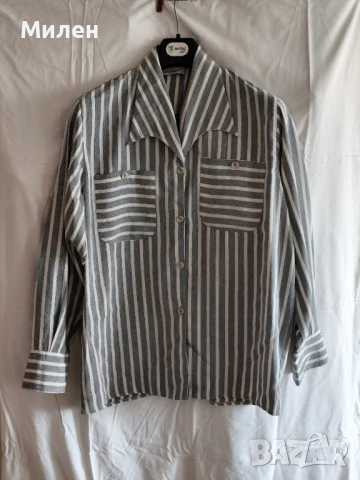 Дамска риза сиви и бели райета – винтидж стил, дълъг ръкав, снимка 3 - Тениски - 51372871