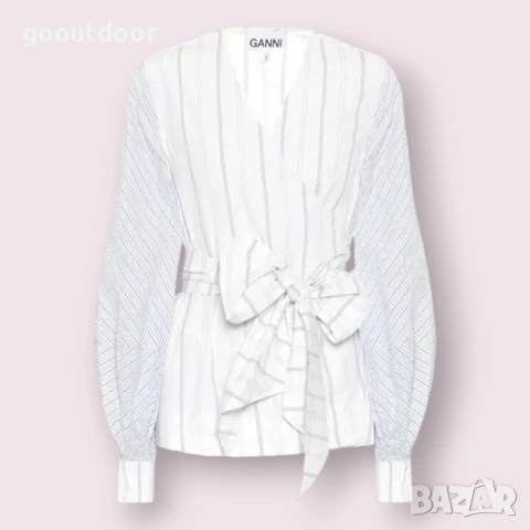 Ganni Striped обвиваща памучна риза (38), снимка 3 - Ризи - 53332667