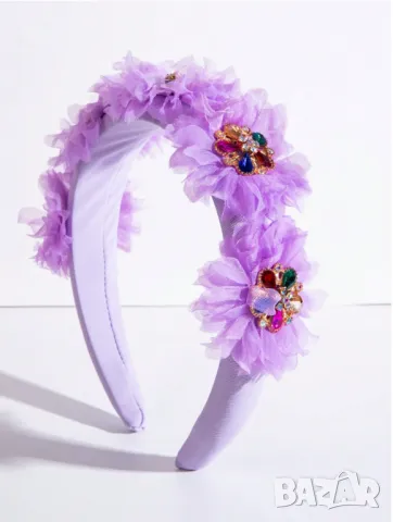 Елегантна диадема с тюл и камъни в лавандулов цвят
