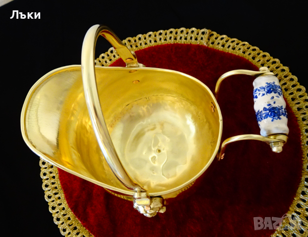 Старинен месингов съд,лъвски глави,порцелан., снимка 2 - Антикварни и старинни предмети - 36251760