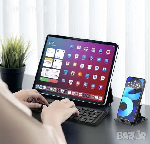 Сгъваема клавиатура OMOTON KB567, акумулаторна безжична Bluetooth клавиатура, със стойка за смартфон, снимка 7 - Клавиатури и мишки - 56239615