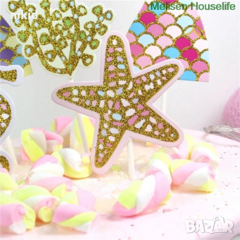 Морско дъно Опашка Русалка морско конче  водорасло 5 бр брокатени топери украса декор за торта парти, снимка 7 - Други - 23874086