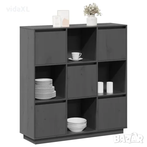 vidaXL Висок шкаф, сив, 110,5x35x117 см, борово дърво масив, снимка 4 - Бюфети - 56147932