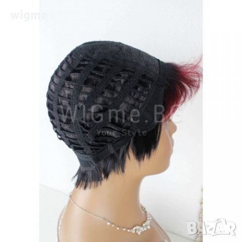 Къса червено-черна перука с бретон Чери, снимка 6 - Аксесоари за коса - 34355532