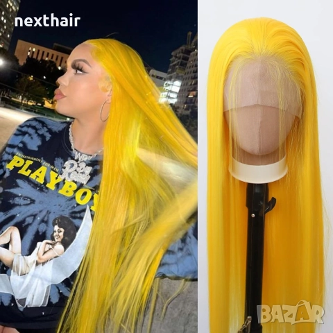 Дълга права жълта перука с дантела 13x4 – ефектен и модерен стил, снимка 4 - Аксесоари за коса - 52846825