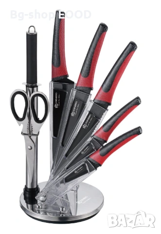 Комплект кухненски ножове от въглеродна стомана от 8 части с ергономични дръжки, черно и червено, снимка 2 - Други - 53744393