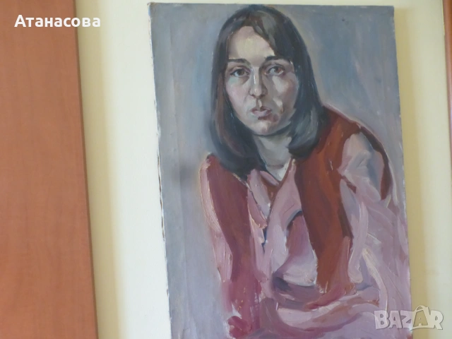 Авторска картина портрет на Млада жена масло платно от 80-те г, снимка 3 - Картини - 53760206