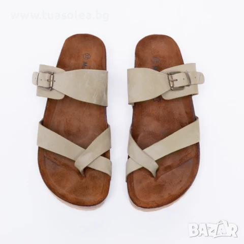 🥁 Намаление - Бежови дамски летни чехли от естествен набук | Марка Tuasolea, снимка 1