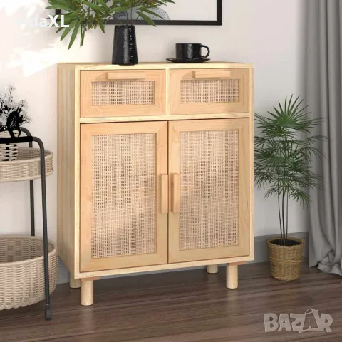 vidaXL Сайдборд, кафяв, 60x30x75 см, бор масив и естествен ратан, снимка 2 - Бюфети - 56147094