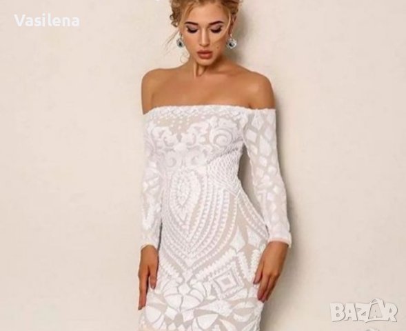 Елегантна бяла рокля с пайети 