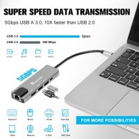 USB C хъб, 5-в-1 USB C към HDMI, USB C многопортов адаптер с Ethernet, 4K HDMI, 100W мощност и 2 USB, снимка 2 - Кабели и адаптери - 42280927