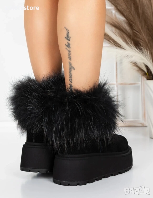 Боти на платформа - черен ЕСТЕСТВЕН велур с черен ЕСТЕСТВЕН косъм - 3ASJN73 , снимка 1