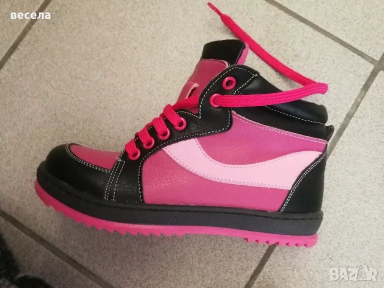 розови кецове боти с връзка и цип, кожени, не се мокрят. , снимка 1