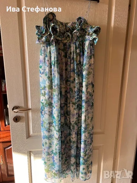 Ефирна кукленска дълга нова  синьо зелена рокля флорален принт цветя висока талия Mango MNG Манго , снимка 1