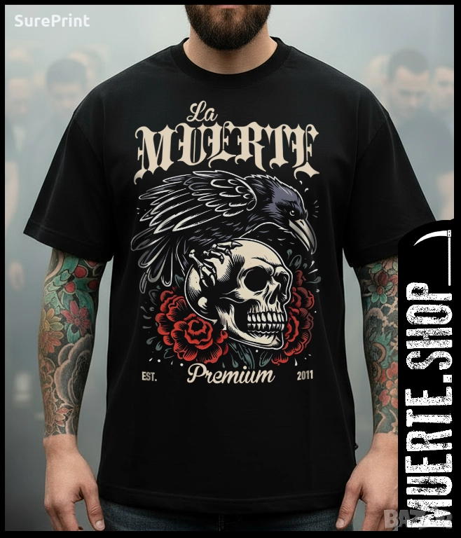 Черна тениска LA MUERTE CROW PREACH с мрачен дизайн – гарван върху череп., снимка 1