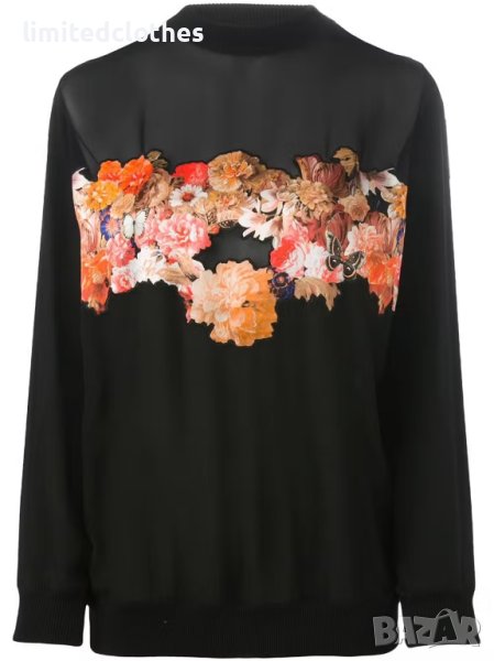 GIVENCHY Black Floral & Butterfly Silk Дамска Копринена Блуза тип Пуловер size 36, снимка 1