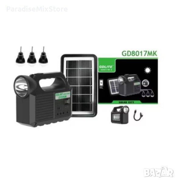 Комплект със соларен панел, фенерче, 3 крушки, USB  Характеристики: Модел: GD-8017 музика Захранване, снимка 1