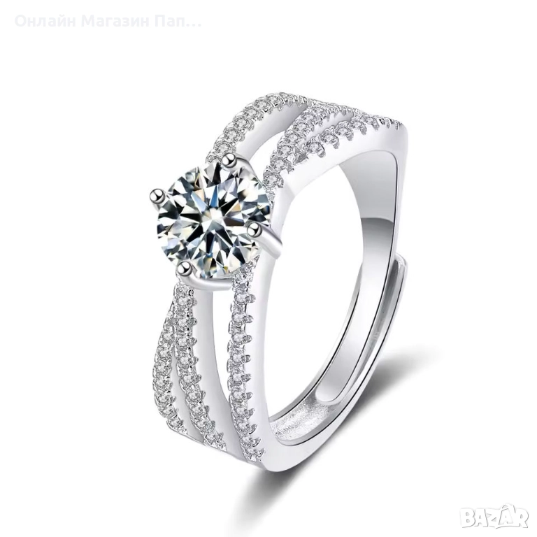 SMTCAT Сребърен Пръстен 925 с Кръстосан Дизайн и 7мм Циркон, снимка 1