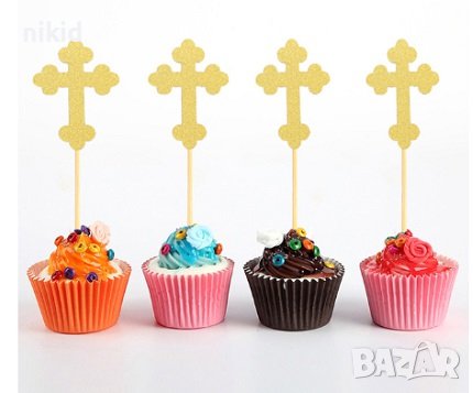 12 бр картонени златни кръста кръст ангел топер топери украса пита мъфини кексчета кръщене декор, снимка 2 - Други - 42318932